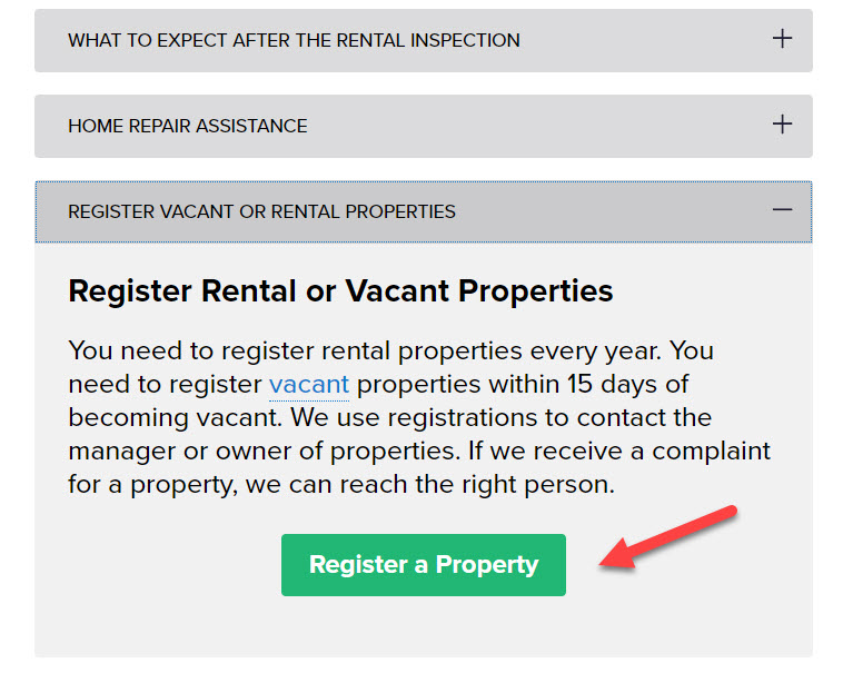 Click the green register a property button the City of Grand Rapid's website.