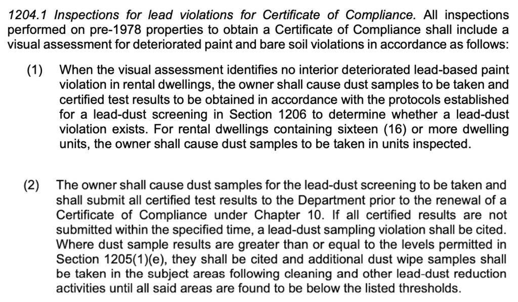 1204.1 Inspections for lead violations for certificate of compliance