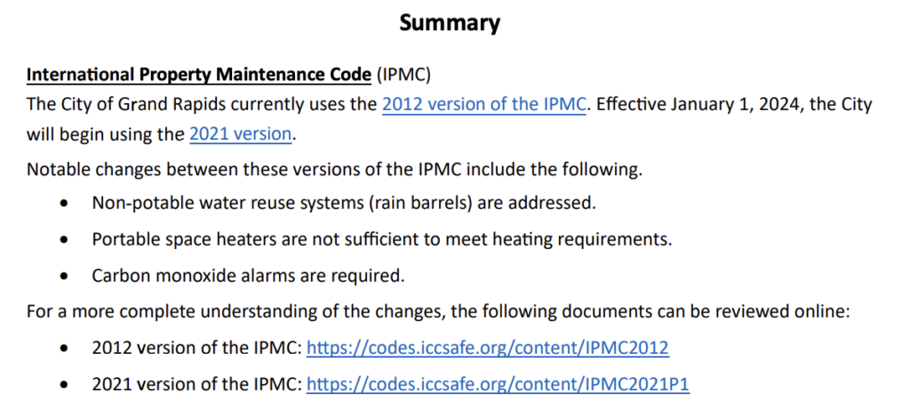Summary of property maintenance code